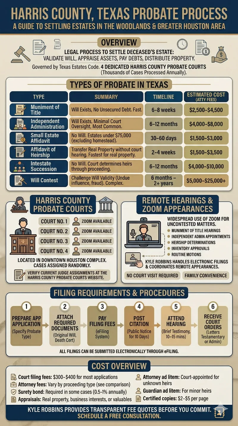 Infographic: Harris County Texas Probate Process, types of probate, court information, remote hearings, filing procedures, and cost overview